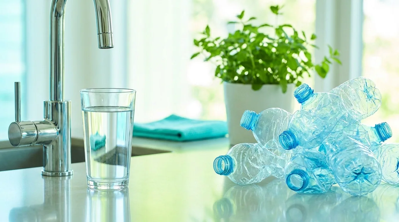 Vaso de agua del grifo junto a botellas de plástico vacías