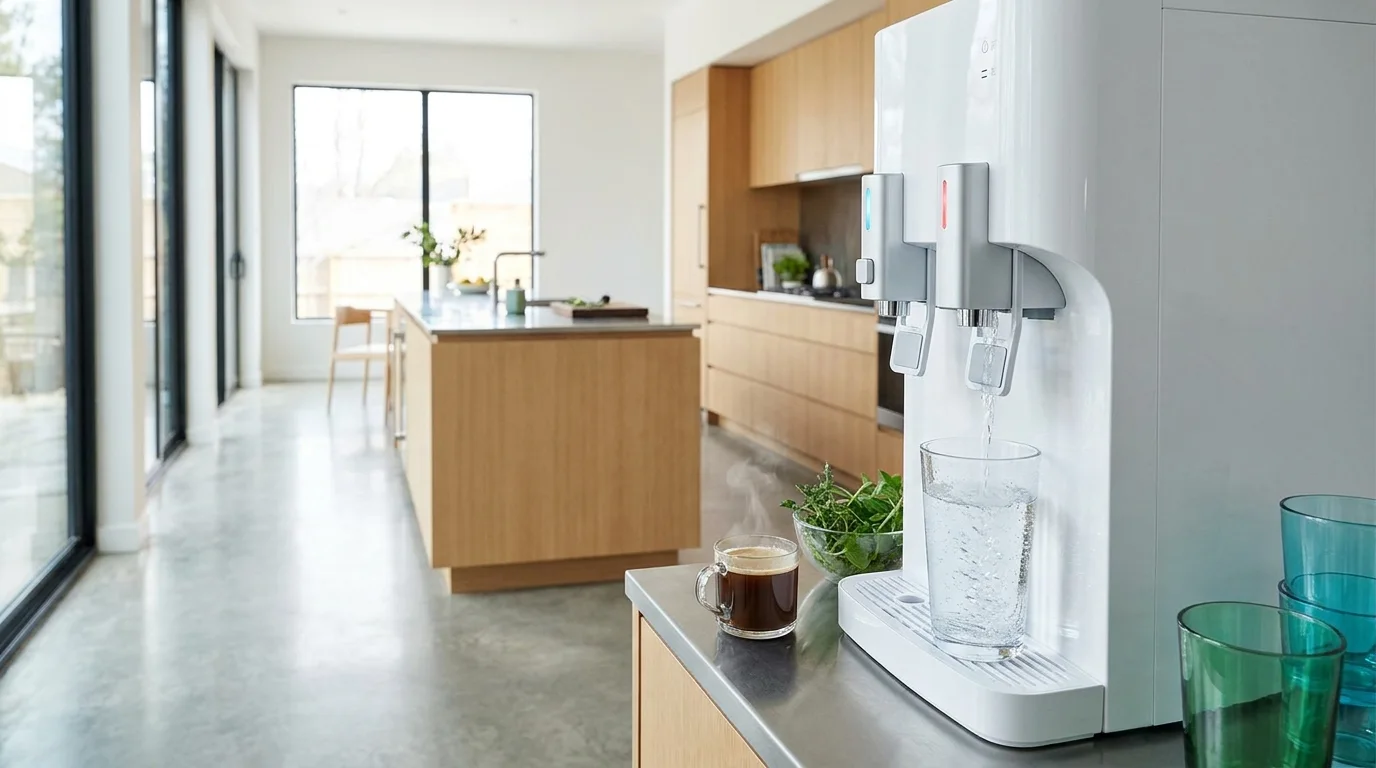 Dispensador de agua de sobremesa sirviendo agua fría en un vaso