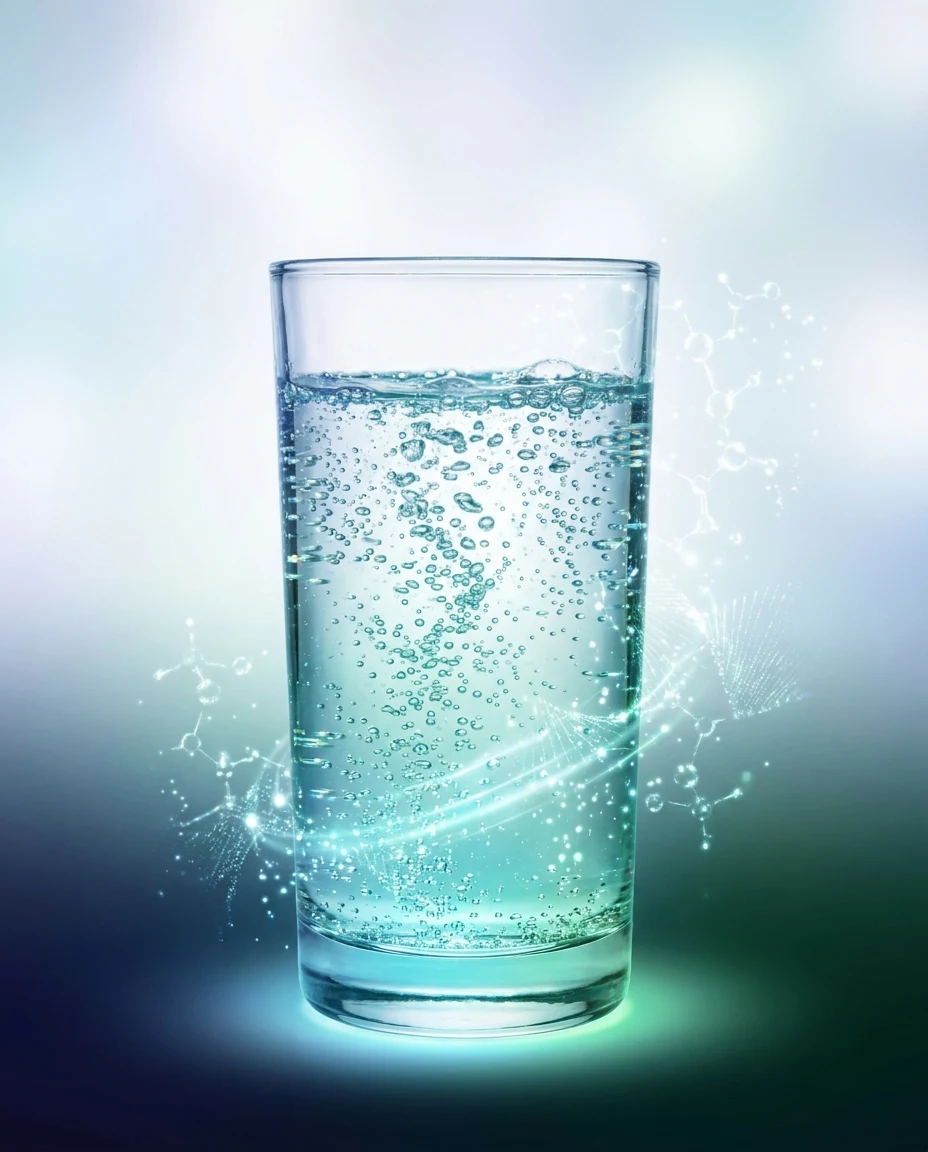 Vaso de agua con burbujas de hidrógeno disuelto recién generado por un equipo doméstico