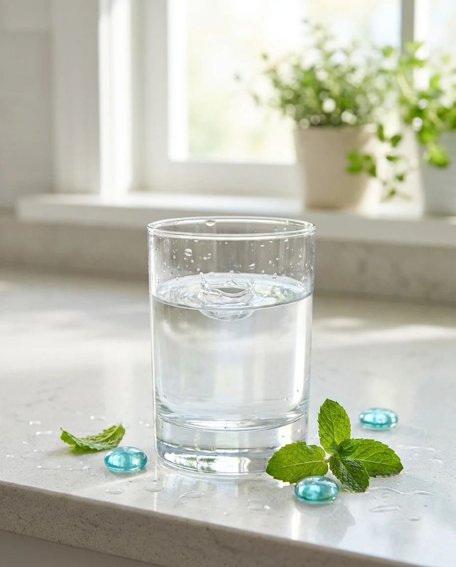 Vaso de agua de ósmosis limpia y transparente sobre la encimera de una cocina